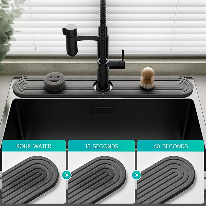 Stone Faucet Mat for Kitchen Sink – Diatomite Fast-Drying Stone Tray, Faucet Mat Sink Splash Guard, Decorative Sink Protector for Kitchen Bathroom Counter (Dark Grey, 20''x3.9'')