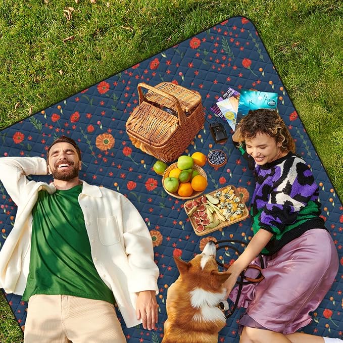 Waterproof Picnic Outdoor Blanket, 79" x 59" Sandproof Foldable Large Picnic Blanket for Beach, Camping, Park, Travel, Concert, Great Gift for Families and Couples (Midnight Flowers)