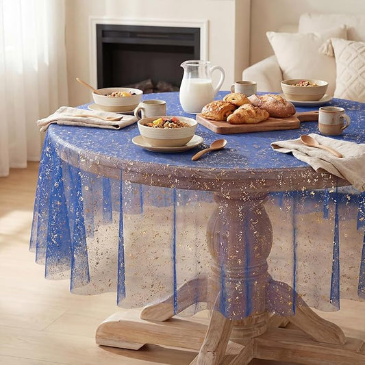 Horaldaily Royal Blue Gold Gauze Tablecloth 60x60 Inch Round, Golden Sequin Glitter Metallic Foil, Sheer Tulle Cheesecloth for Wedding Baby Shower Ceremony Birthday