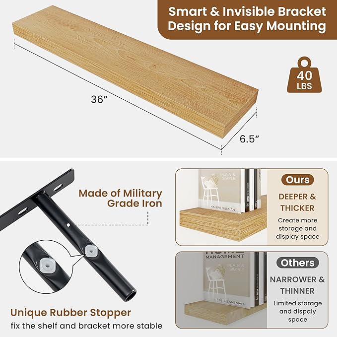 fuqing Floating Shelves for Wall, Wall Mounted Wood Floating Shelf with Invisible Brackets for Living Room, Bathroom, Bedroom, Kitchen Storage and Decor, 36 Inch Set of 2, Oak