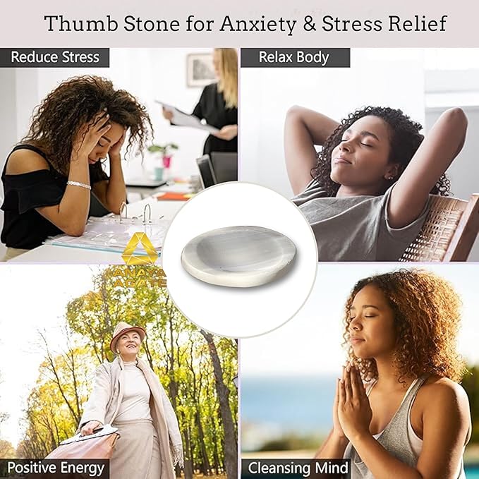 Selenite Worry Stones – Crystal Thumb Worry Stone for Anguish, Stress – Relaxing and Soothing Balance Stones for Meditation, Stress Relief – Healing Stones and Crystals for Men and Women