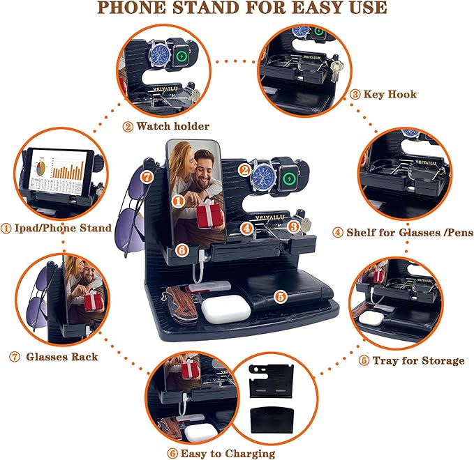 Gifts for Men Dad Women Husband Boyfriend Him Nightstand Organizer for Men Wood Phone Docking Station Birthday Gifts (Black)