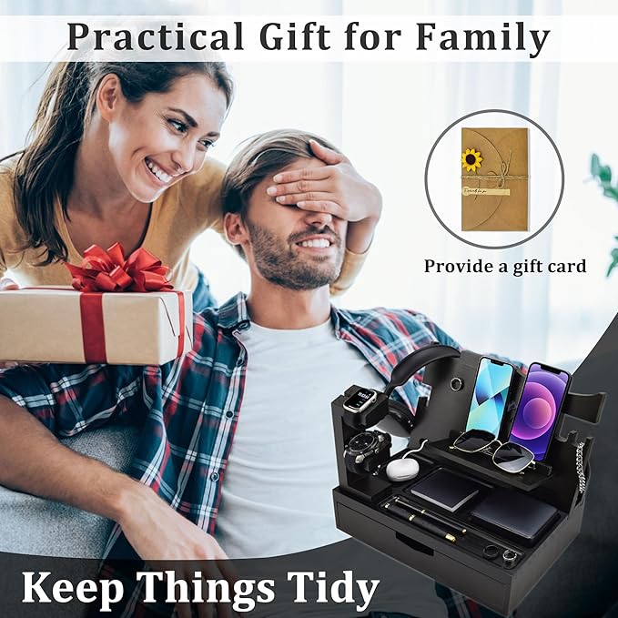 Nightstand Organizer for Men with Large Drawer, Birthday Gifts for Men Father Husband, Wood Phone Docking Station, Bedside Organizer for Nightstand Office for Apple Watch, Laptop (Black)