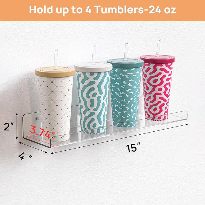 upsimples Acrylic Shelves for Bathroom Storage, 15" Floating Shelves Wall Organizer for Perfume, Makeup, Skincare, Kids Bookshelf for Bedroom, Nursery, Living Room Decor, Clear, 4 Pack