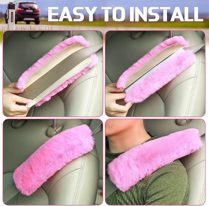 Boao 4 Pack Faux Sheepskin Car Seat Belt Pads Seatbelt Protector Soft Seat Belt Shoulder Strap Cover Comfort Harness Pad(Pink, 9.9 Inch)