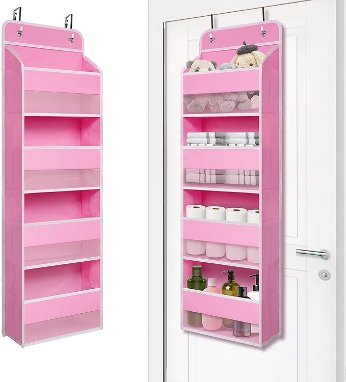 Over Door Organizer with 4 Large Capacity Pockets, Heavy Duty Hanging Organizer Storage for Closet Bathroom Nursery Bedroom Dorm, Toys Cosmetics Sundries and Baby Essentials, Pink