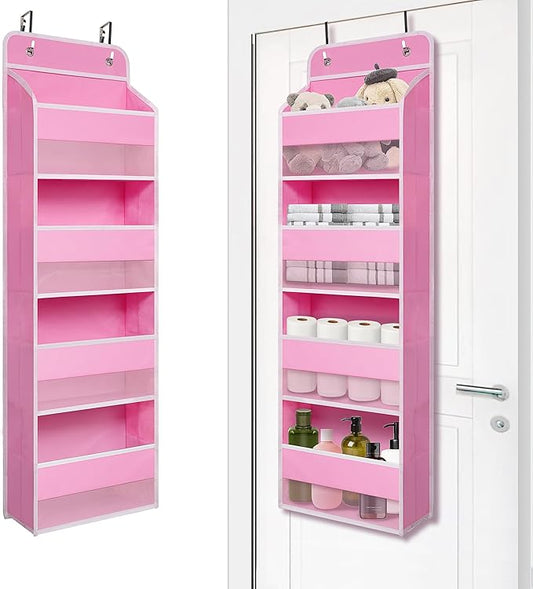 Over Door Organizer with 4 Large Capacity Pockets, Heavy Duty Hanging Organizer Storage for Closet Bathroom Nursery Bedroom Dorm, Toys Cosmetics Sundries and Baby Essentials, Pink