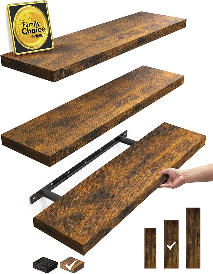 BAYKA Floating Shelves for Wall, 22.5 Inch Rustic Wood Wall Mounted Shelving for Bathroom, Bedroom, Living Room, Kitchen & Book, Hanging Display Decor Shelf with 22 lbs (Rustic Brown, Set of 3)