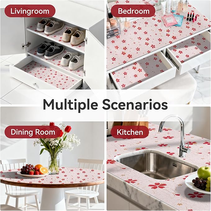 FIFTY FEET 12"x120" Non-Adhesive Shelf Liner for Kitchen Cabinets and Drawers, Washable Non-Slip PVC Cabinet Liner (Red Floral)(8 Roll)