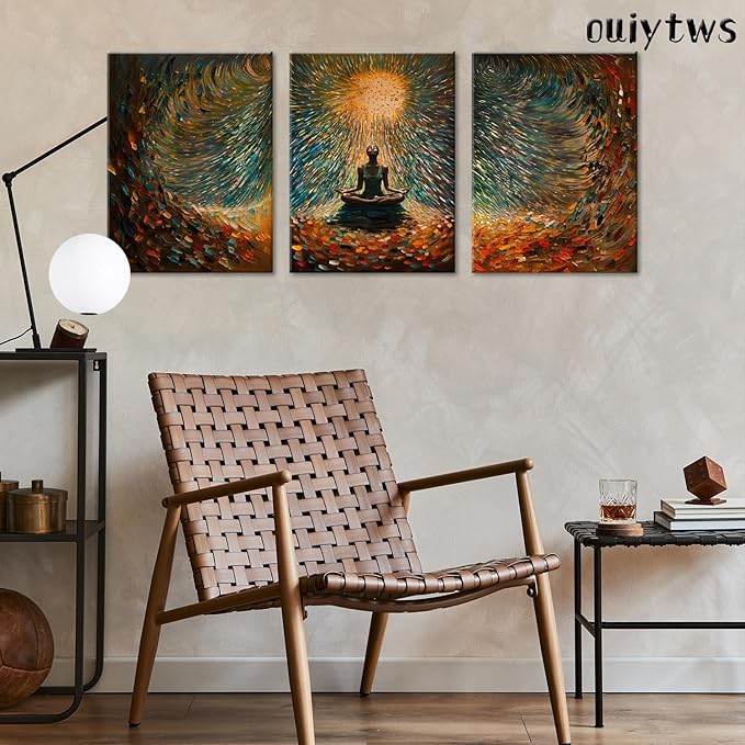 Framed Abstract Yoga&Meditation Wall Art Set of 3Piece Canvas Poster Prints Painting, Vibrant Colorful Energy Flow, Tranquil Woman in Meditation for Home, Yoga Meditation Room,Office,Bedroom,12X16in