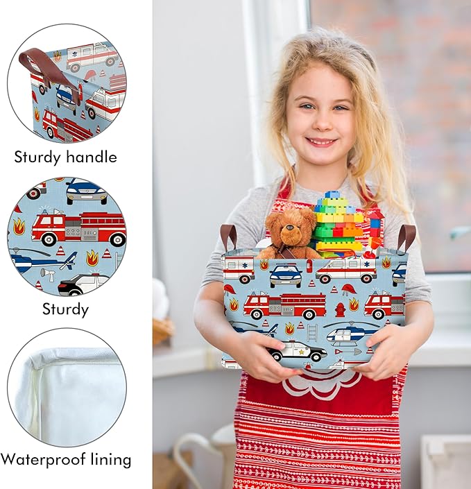Police Car Storage Basket Waterproof Canvas Toy Storage Bin Fire Truck Car Room Decor Collapsible Outdoor Basket with Leather Handles Funny Decor Blanket Baskets For Closets,Bedrooms,Gifts Baskets