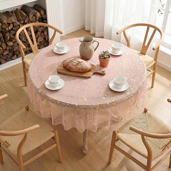 Horaldaily Pink Gold Gauze Tablecloth 60x60 Inch Round, Golden Sequin Glitter Metallic Foil, Sheer Tulle Cheesecloth for Wedding Baby Shower Ceremony Birthday