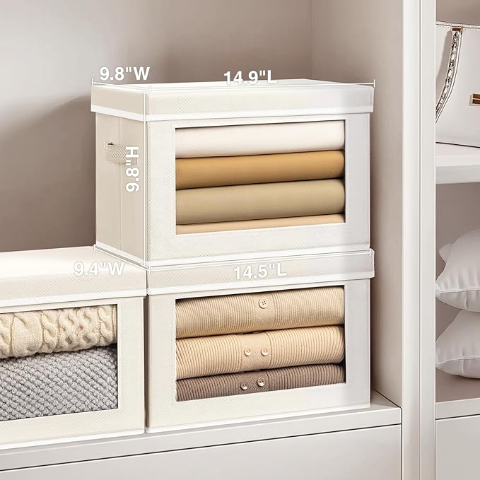 Fabric Storage Bins with Lids, Decorative Storage Boxes, Closet Storage Bins with Window, Storage Baskets for Closet, Closet Organizers for Towel, Clothes, Beige, 4-Pack