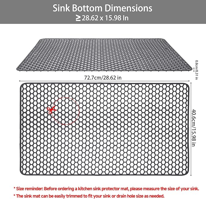 Sink Protectors for Kitchen Sink - 28.62" x 15.98" Silicone Mat - Can DIY Drain Holes - Non-slip Heat Resistant Liner for Bottom of Farmhouse Porcelain Stainless Steel（Grey）