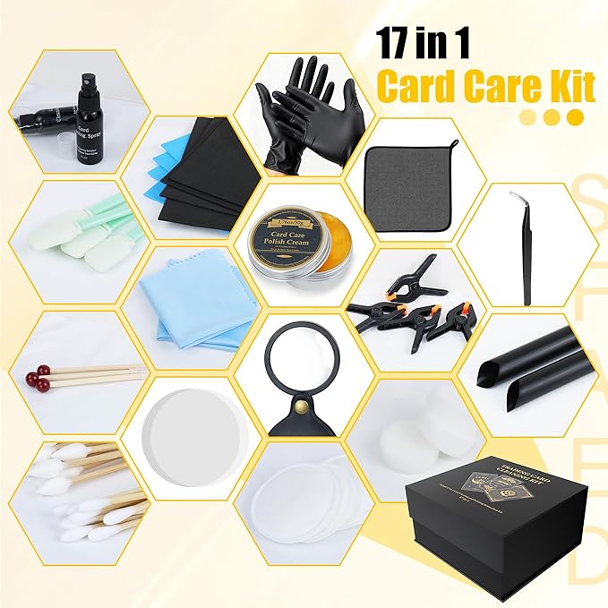 Card Care Clean Kit,17-in-1 Card Cleaning and Polishing Restoration Kit, Trading Card Cleaning Box with Cleaning Spray and Balck Nitrile Gloves, Suitable for Surface Card Care&Flatten Edges, 7.2″
