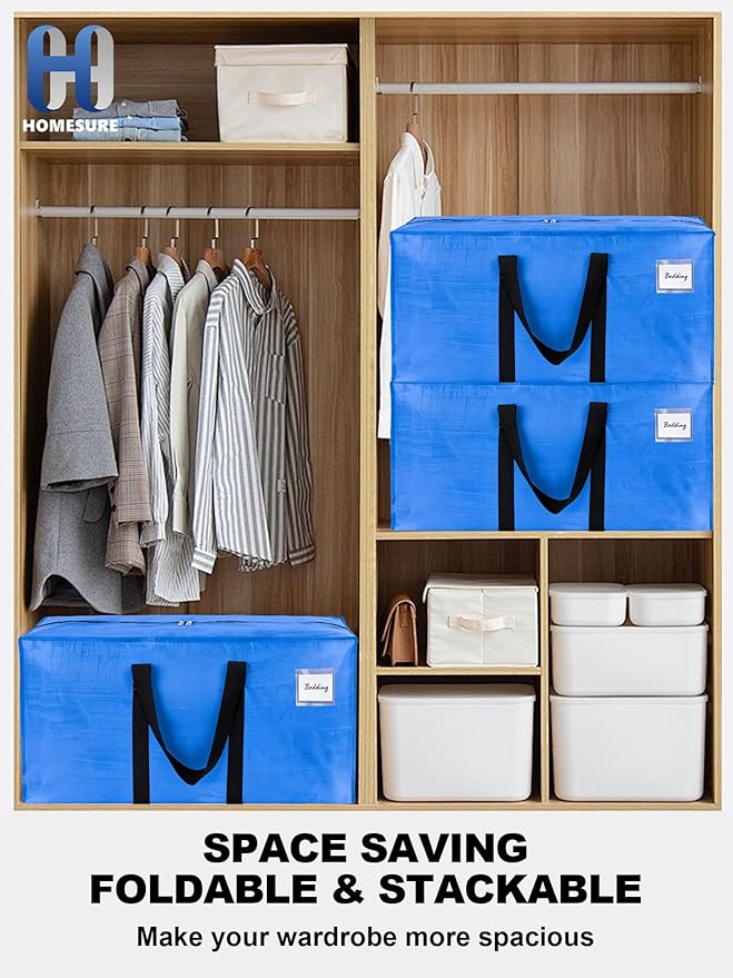 HOMESURE Supports 200lbs Heavy Duty Moving Bags - Strong Zipper & Wrap-Around Handles - Water-Resistant Storage Totes, Durable Alternative to Moving Boxes - 4 Pack - Sky Blue