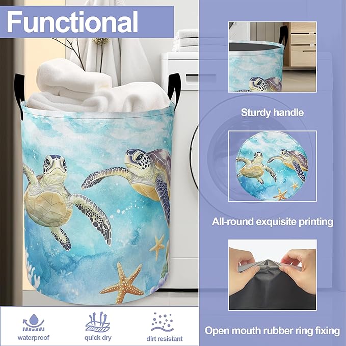 Retro Two Turtles Laundry Basket-Large Foldable Hamper Holder Portable Tall Collapsible Laundry Hamper Storage Basket Bin with Handles, Canvas & Waterproof lining for Household Items