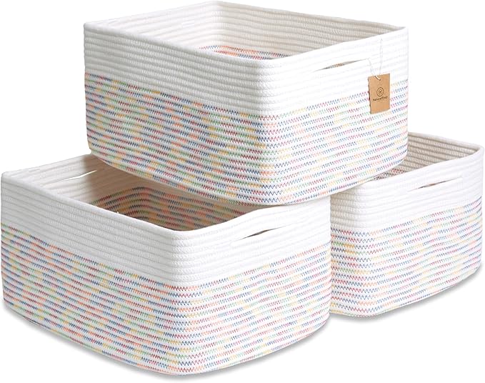 NaturalCozy Storage Baskets 16.8”x13”x7.6” Cotton Rope Woven Baskets for Organizing, 3-Pack | Toy Storage Bins | Basket for Shelves, Laundry, Blanket, Clothes, Closet, Kitchen, Bathroom, Gifts