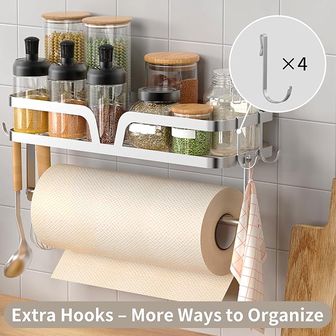 YIGII Garage Paper Towel Holder with Shelf, 2-in-1 Wall Mounted Shop Paper Towel Roll Holder, Stainless Steel Adhesive Spice Rack with 4 Hooks for Kitchen and Tool Room, Silver