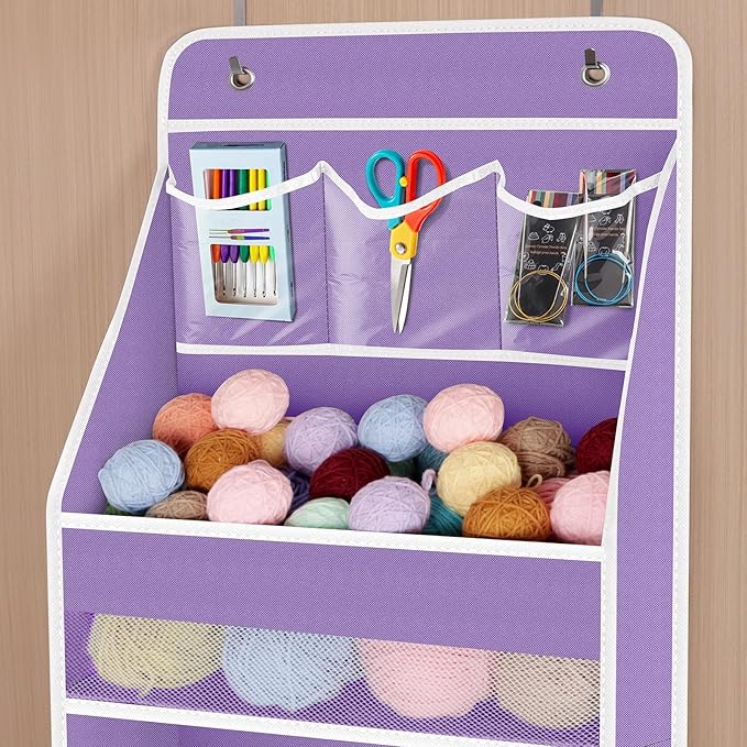 Univivi 6-Shelf Over Door Hanging Organizer, Fabric Baby Door Storage with 5 Large Pockets and 3 Small PVC Pockets, Wall Mount Hanging Storage Organizers for Baby Essentials (Purple)