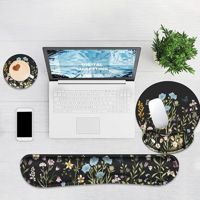 Ergonomic Mouse Pad with Wrist Rest and Keyboard Wrist Rest, Memory Foam Wrist Rest for Computer Keyboard, Easy Typing, Pain Relief, Black Mouse Pad Wrist Support for Gaming, Office, Laptop, Floral