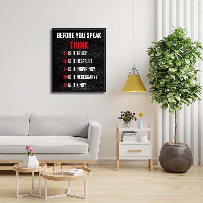 Pyradecor Large Inspirational Poster Black Framed Canvas Wall Art Motivational Think Before You Speak Classroom Positive Quotes for Office Home Decorations