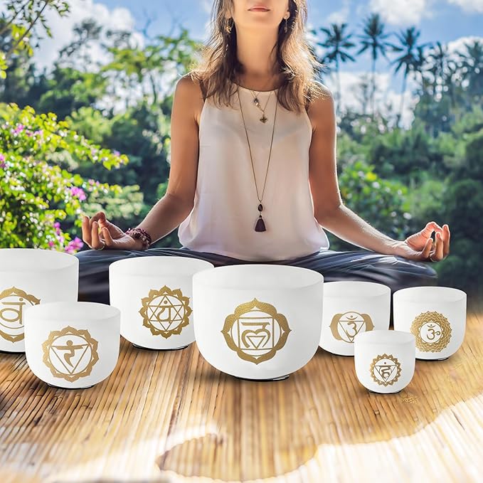 RYAN DVAN 432 hz 7-12 Inch Set of 7 Gold Chakra Design Quartz Crystal Singing Bowl Chakra Set with Free 2 pcs Carrying Case