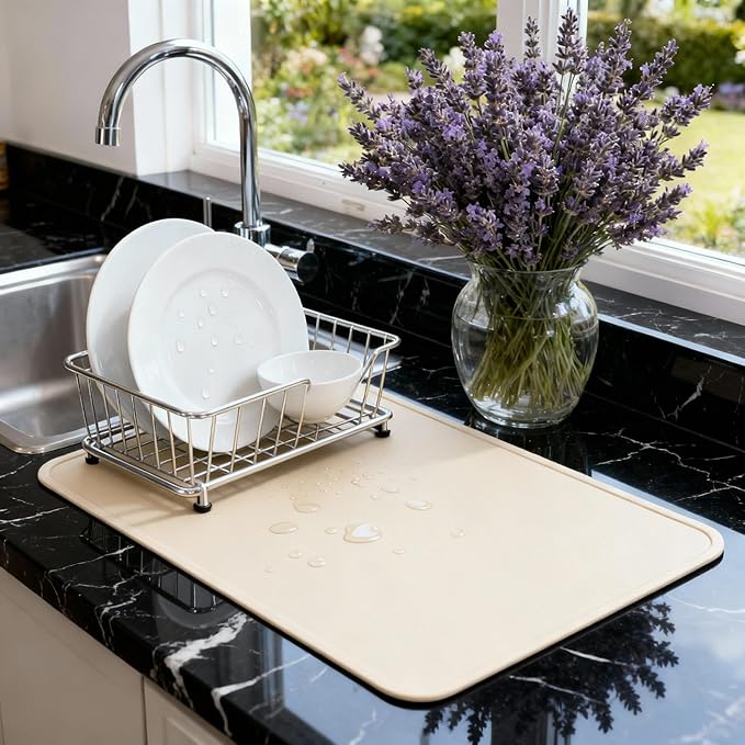 Dish Drying Mat Super Absorbent – 16" x 18" Coffee Mat for Countertops – Non-Slip Drying Mat for Kitchen Counter – Easy to Clean Water Absorbent Mat – Large Dish Drying Mats (Tapioca)