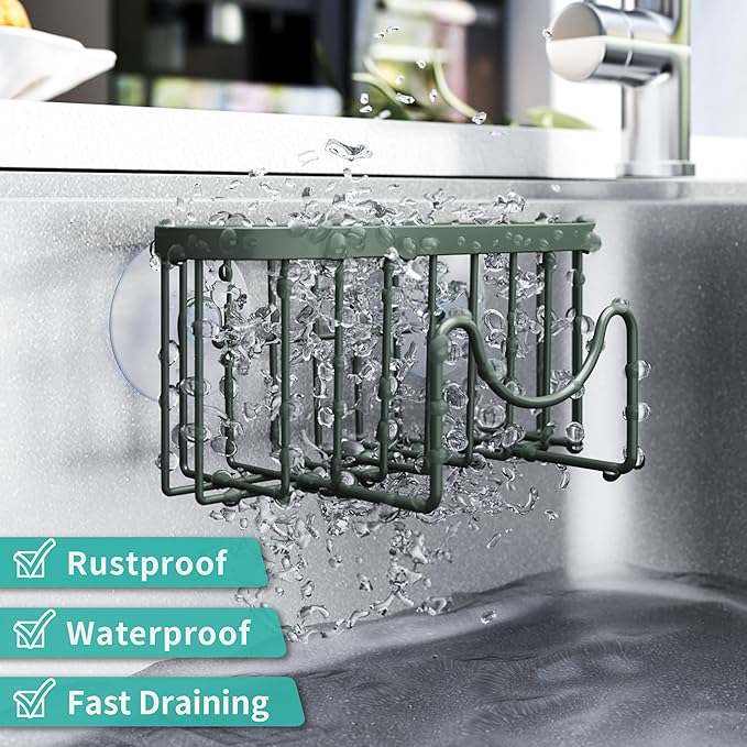 HapiRm Sponge Holder for Kitchen Sink - Sink Caddy with Unique M-Shaped Design, 2 Installation Methods Kitchen Organizer, Rustproof Stainless Steel Sponge Caddy - Green