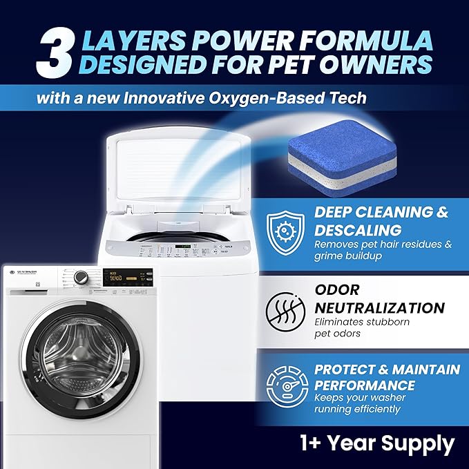 Washing Machine Cleaner Pro Tablets for Pet Owners - 42 Pack, Front & Top Load Washer Deep Cleaning, Septic Tank Safe, HE Support, Remove Stubborn Pet Hair, Eliminates Smells, Prevents Dander Build-up