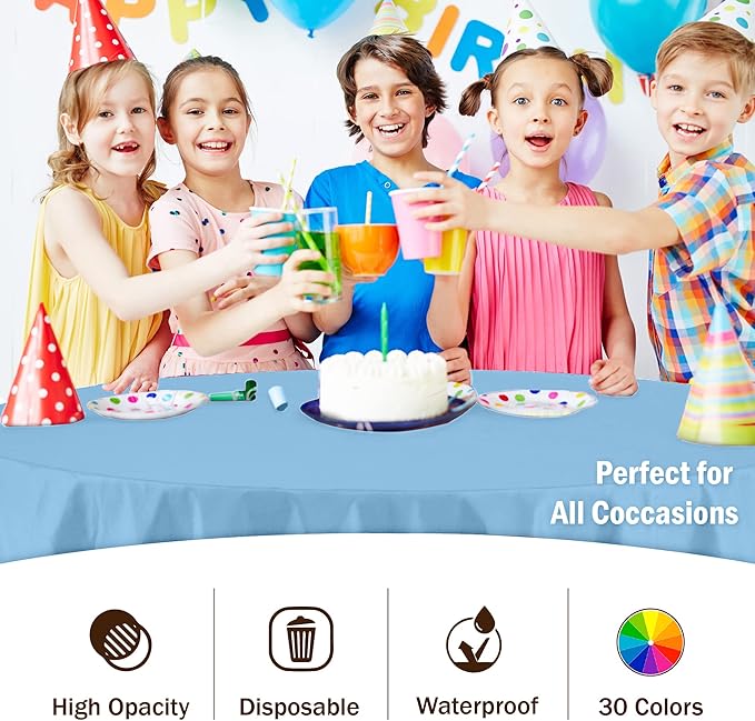 Party Solids 12-Pack Premium Plastic Tablecloth 84in. Round Table Cover - Light Blue