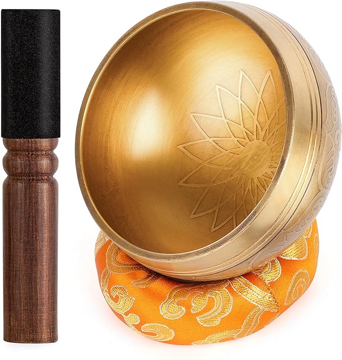Tibetan Singing Bowls Set-Hand-hammered in Nepal Sound Bowl for Meditation, Yoga, Chakra, Meditation Accessories, Stress Relief Tool and Unique Gifts for Women, Men (Yellow, 4 inch)