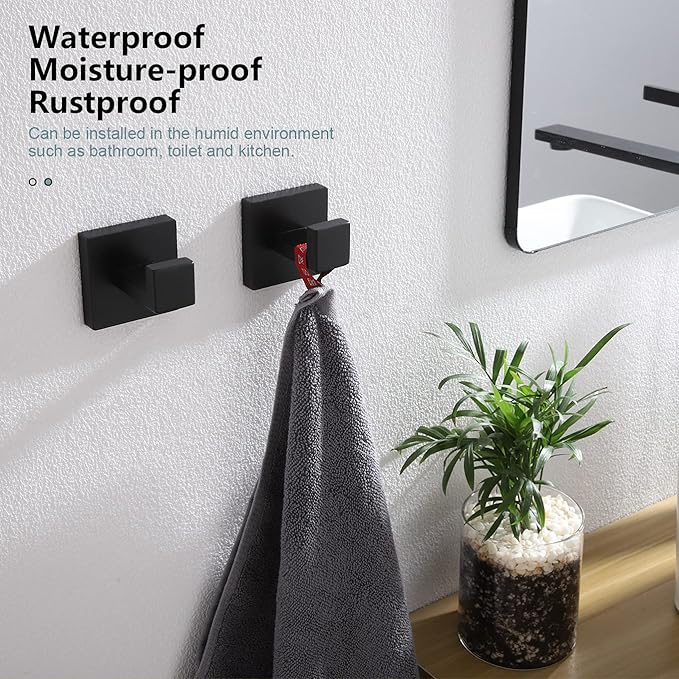 KOKOSIRI Bath Towel Hook Wall Mount Square Robe Hook Coat Hook, Bathroom Kitchen Garage Heavy Duty Wall Mounted, SUS 304 Stainless Steel, Matte Black, B1010BK-P2