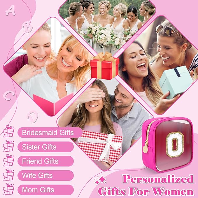 Personalized Initial Letter Clear Preppy Makeup Bag, Mini Nylon Chenille Letter Cosmetic Bag Cute Zipper Pouch Coin Purse for Teen Girls, Portable TSA Approved Travel Essentials Bag Gift for Women, O