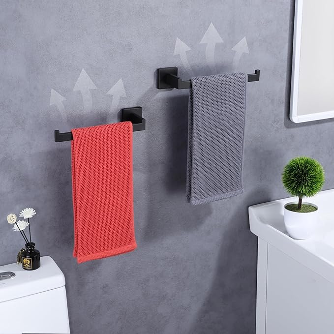 LANC Bathroom Hand Towel Holder 10 Inch Matte Black Hand Towel Bar 2 Pack Left and Right Side Square Towel Ring for Kitchen Toilet Wall Mount Stainless Steel Modern Towel Rack, A8806MB-LRP2