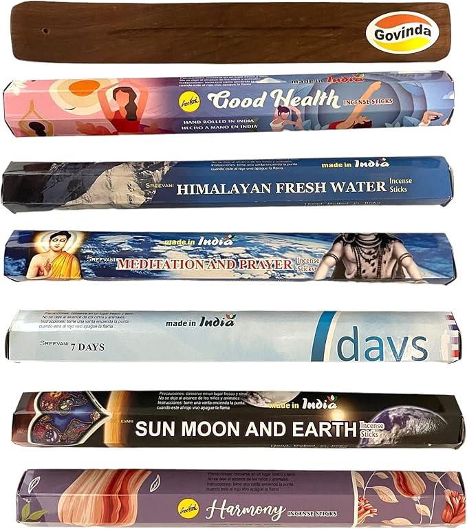 Sreevani Incense Sticks Variety Pack #17 and Incense Stick Holder Bundle Gift Set with 6 Meditation Fragrances