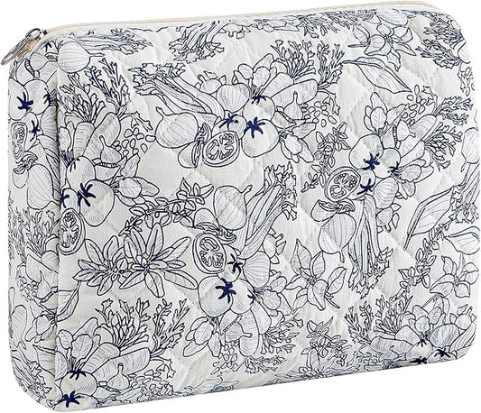 HHQQWZ Makeup Bag Travel Cosmetic Bag for Women Girls, Zipper Make Up Pouch, Floral Flowers Toiletry Organizer Makeup, Portable Storage Bag, Cosmetic Travel Cloth Bag (L/Navy Blue Flower)