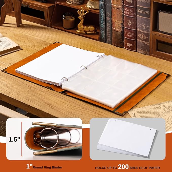 Ovesmusl PU Leather 3 Ring Binder 1 Inch Round Ring Binder Holds 200 Sheets 8.5"x11" Letter Size Paper, Wedding Family History Notebook Cover Loose Leaf Organizer, Green
