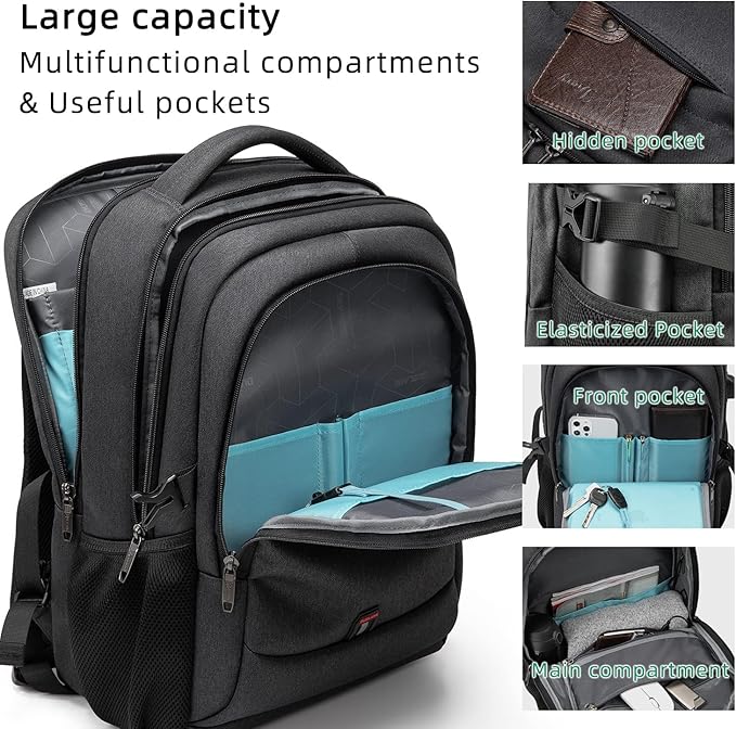 DUSLANG 17 Inch Laptop Backpack for Travel Water Resistant College Backpack for Men Women Laptop Bag with USB Charging Port with Black Lock, Black