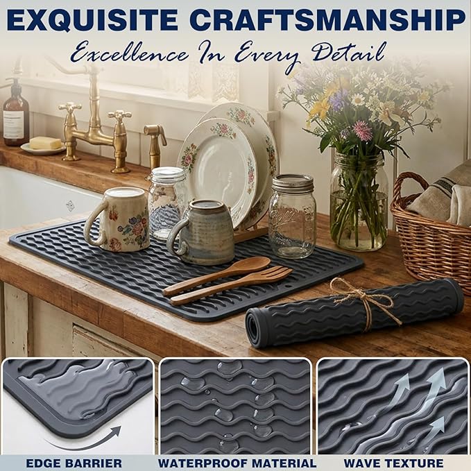 CAKETIME 2 Pack Silicone Dish Drying Mat for Kitchen Counter Waterproof Place mats Sink Protector Stove Top Organizer Appliance Storage Vanity Trays Dryer Rack Drainers Items 15"x11.5" Beige