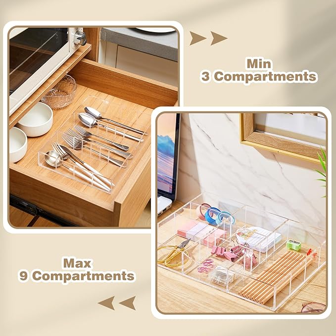 Briwooody Acrylic Drawer Organizer Clear Desk Drawer Organizer Trays with Adjustable Compartments Desk Accessories for Office Stationery Makeup Silverware Bathroom (Non-Expandable)