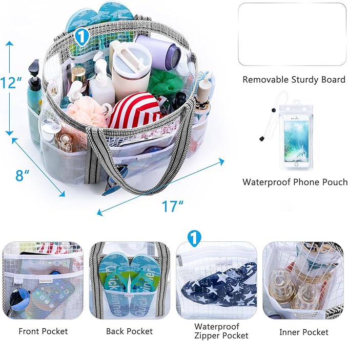 Large Mesh Shower Caddy – Portable ShowerTote with Waterproof Phone Pouch – Quick Dry Shower Bag with Separate Dry & Wet Zones for College Dorm, Gym, Beach Tote, Camping, Travel Essentials