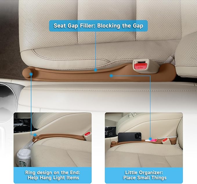 Car Seat Gap Filler Set of 2, 3-in-1 Seat Side Gap Filler Plug with Storage Slot & Hook Function, Soft Foam Universal Fit Car SUV Truck Fill Gap Between Seats Console Organizer (Narrow Saddle Brown)