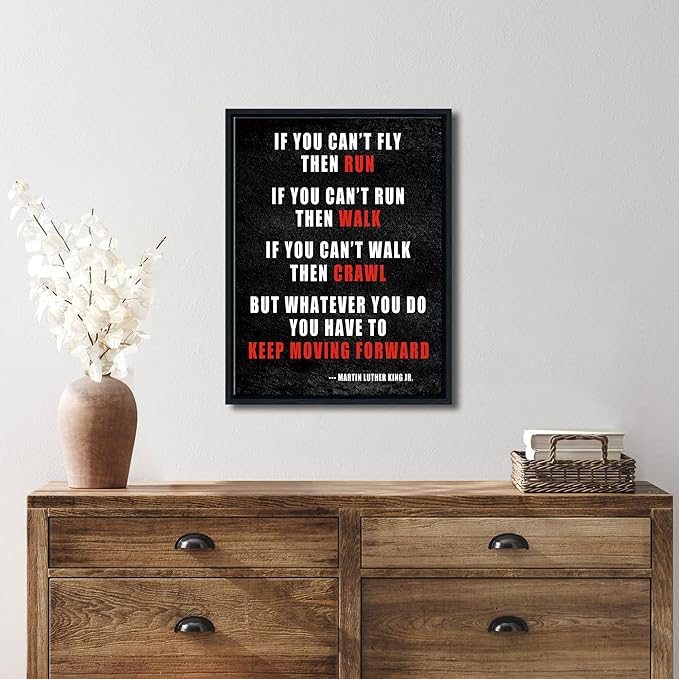 Pyradecor Black Framed Canvas Wall Art Keep Moving Forward Motivational Classroom Positive Quotes Inspirational Poster for Office Living Room Home Decorations