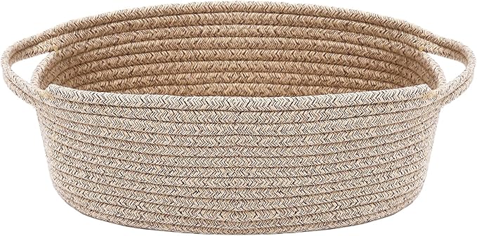 Woven Basket, Small Rope Storage Bin with Handles & Ribbon Bag, Organizer for Shelves Closets, Empty Gift Basket for Birthday, Books, Dog Toys, Oatmeal