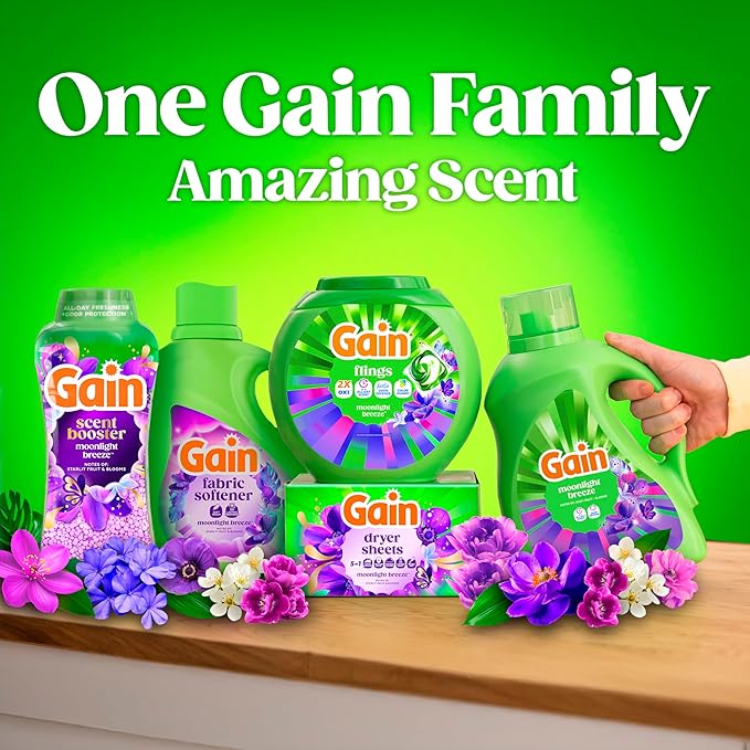 Gain Flings Liquid Washing Detergent Pods with Odor Defense + Color Guard, Moonlight Breeze Scent, 4-In-1 Liquid Laundry Detergent Pacs, Clean & Fresh, 76 Count (Packaging May Vary)