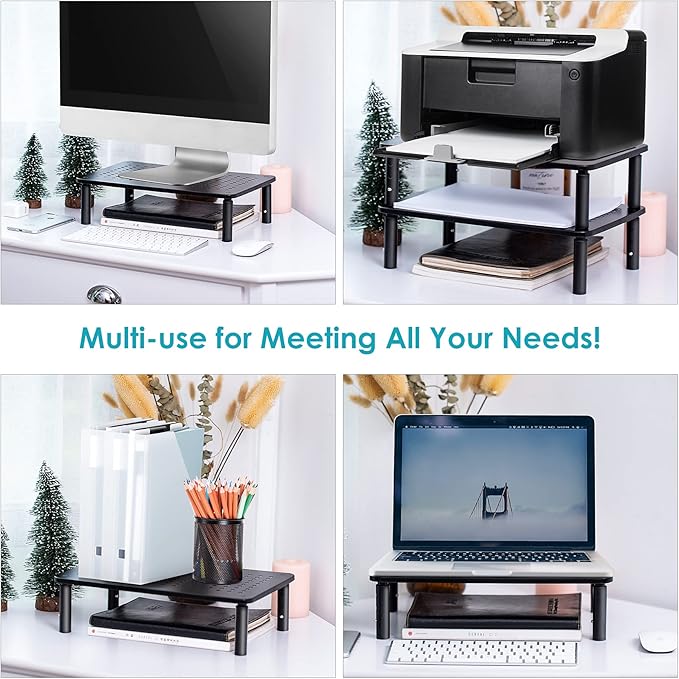 Monitor Riser Desktop Stand, Flat Screen TV Monitor Stand Riser, Sturdy Metal Laptop Computer Monitor Stand Shelf for Printer, iMac, 3-Height Adjustable PC Stand with Mesh Platform