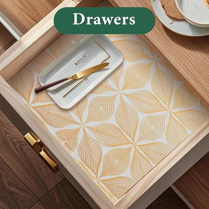 3D Drawer and Shelf Liner for Kitchen Cabinet: 12 in X 30 Ft Waterproof Shelf Paper Non Adhesive Refrigerator Liners Golden Leaf Easy Liners for Bathroom with Knife Tape Measure