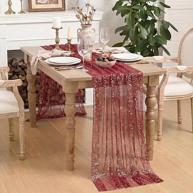 Horaldaily Burgundy Gold Gauze Tablecloth 60x120 Inch Rectangular, Golden Sequin Glitter Metallic Foil, Sheer Tulle Cheesecloth for Wedding Baby Shower Ceremony Birthday