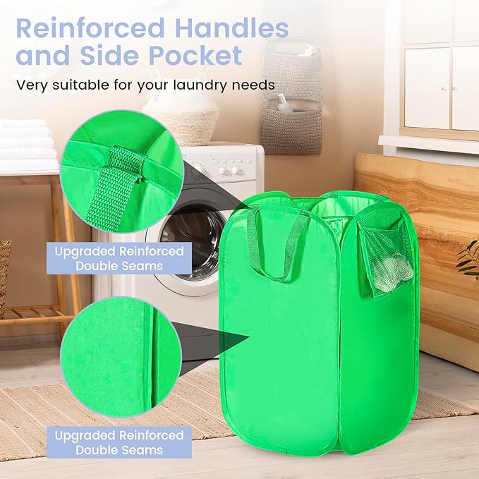HOUSE AGAIN Upgraded Pop-up Laundry Hamper, Collapsible Laundry Basket with Durable Handles, Solid Bottom, High Steel Frame, Portable Foldable Dirty Clothes Hamper for Dorm, Laundry Room, Travel, Green